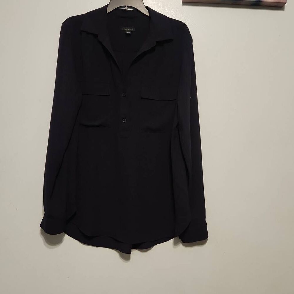 Ann Taylor size S Navy Blue Long Sleeve Pockets Blouse Shirt